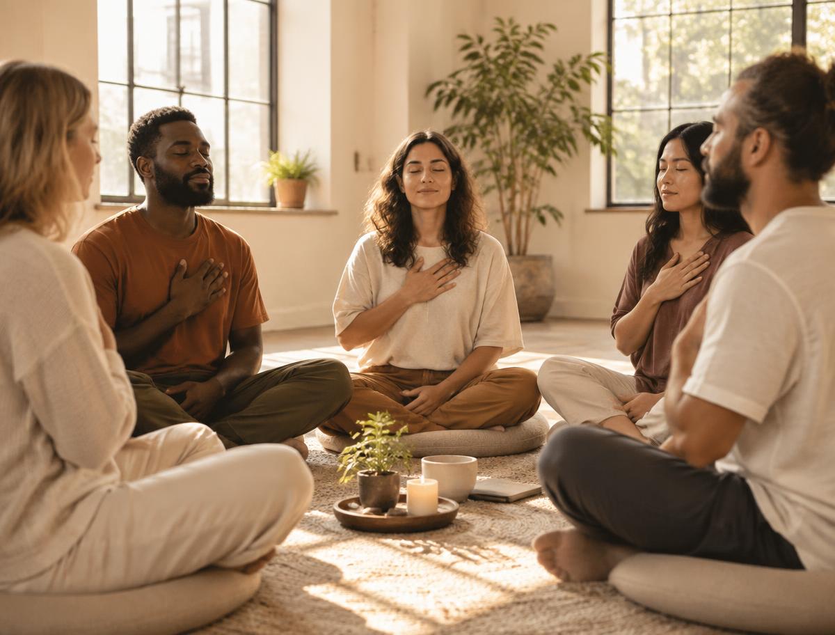 A small circle of people sitting with hands over their hearts in a sunlit room